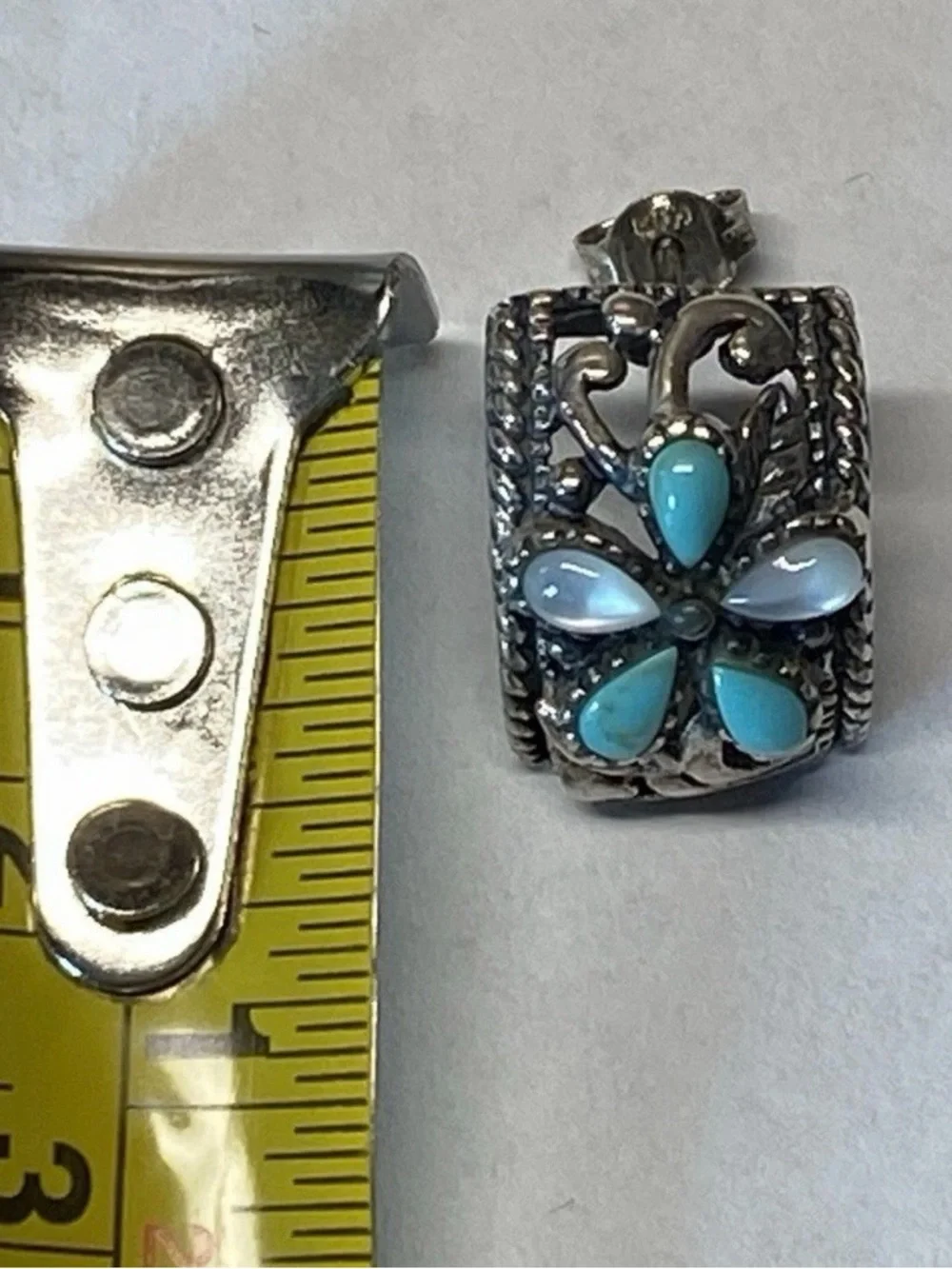 Vtg STH Sterling Silver Turquoise & Mother of Pearl Flower Slide Earrings Set